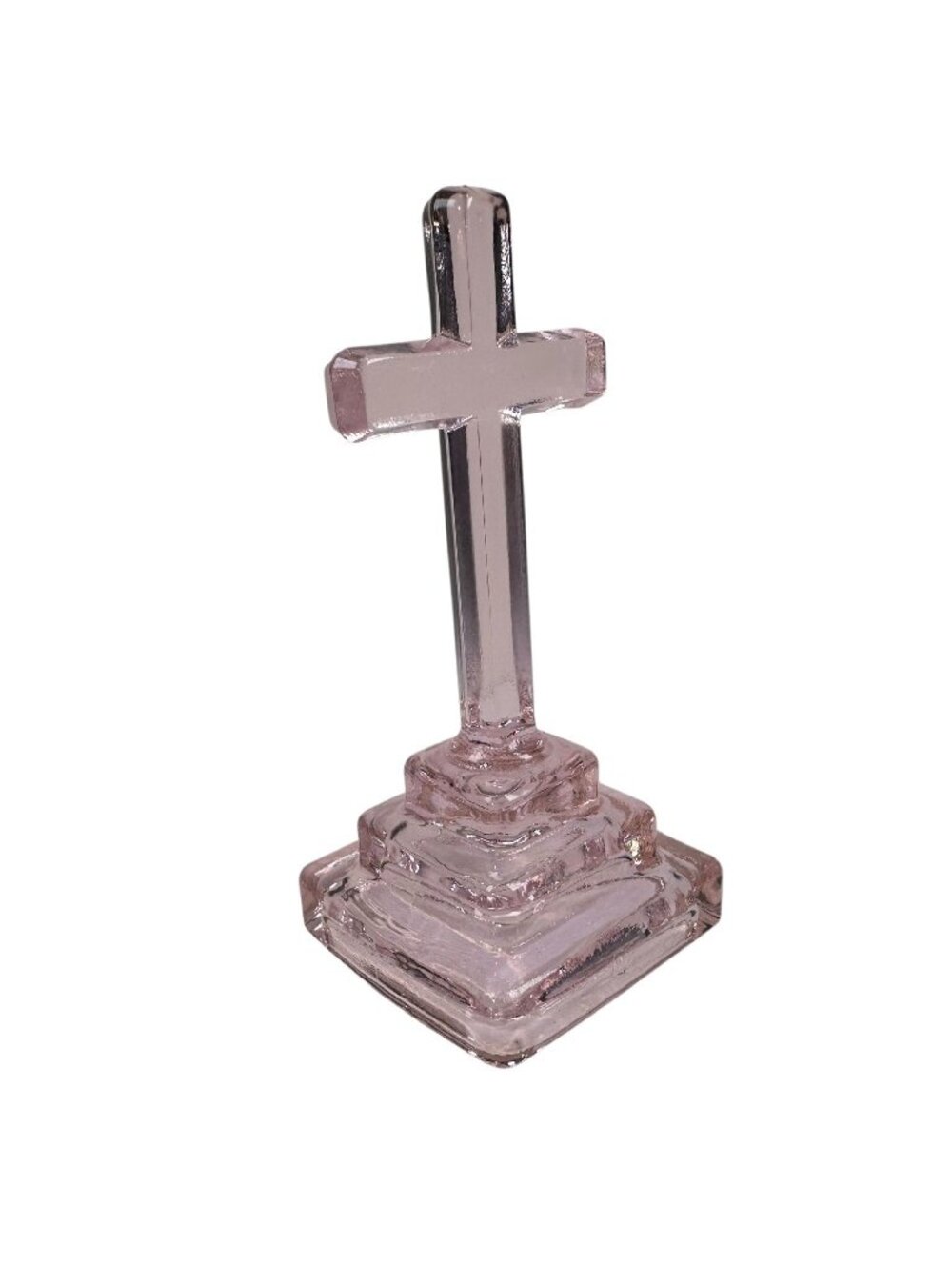 Mosser Pink Glass Cross Figurine On Tiered Base 4.5" Religious Decor Christian E